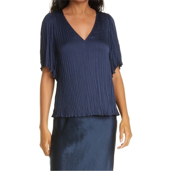VINCE fluttered sleeve crushed satin Blue Blouse - Picture 1 of 11